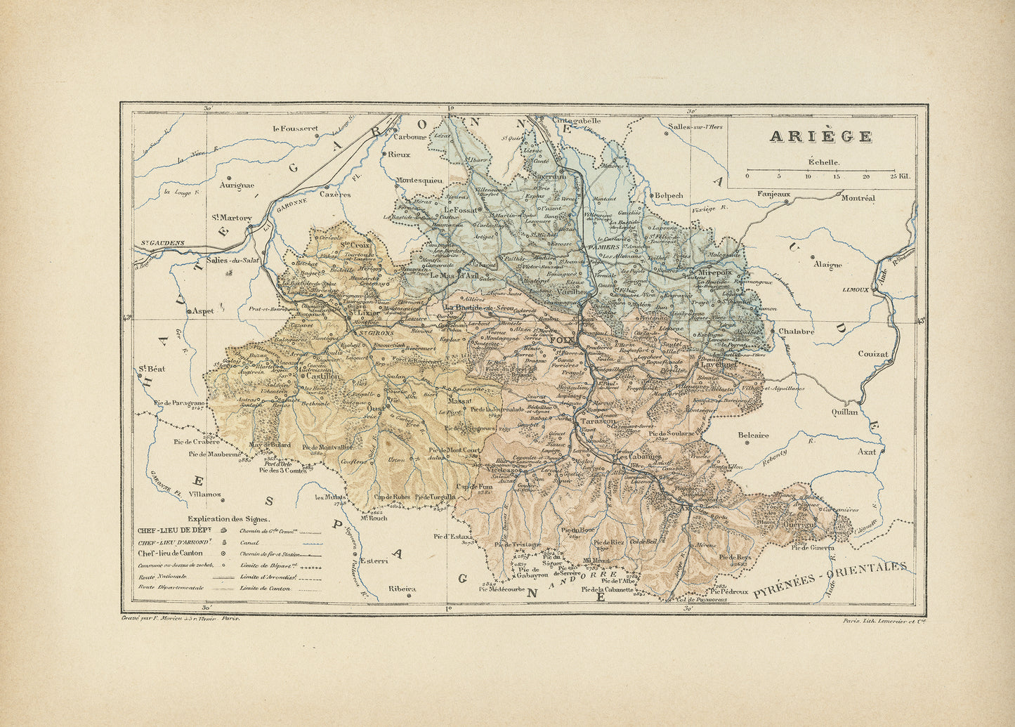 1892 Carte ancienne de l'Ariège