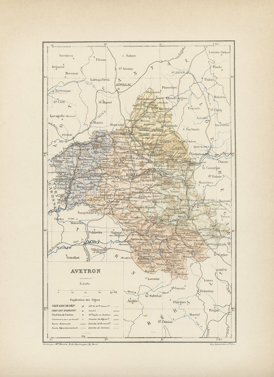 1892 Carte ancienne de l'Aveyron