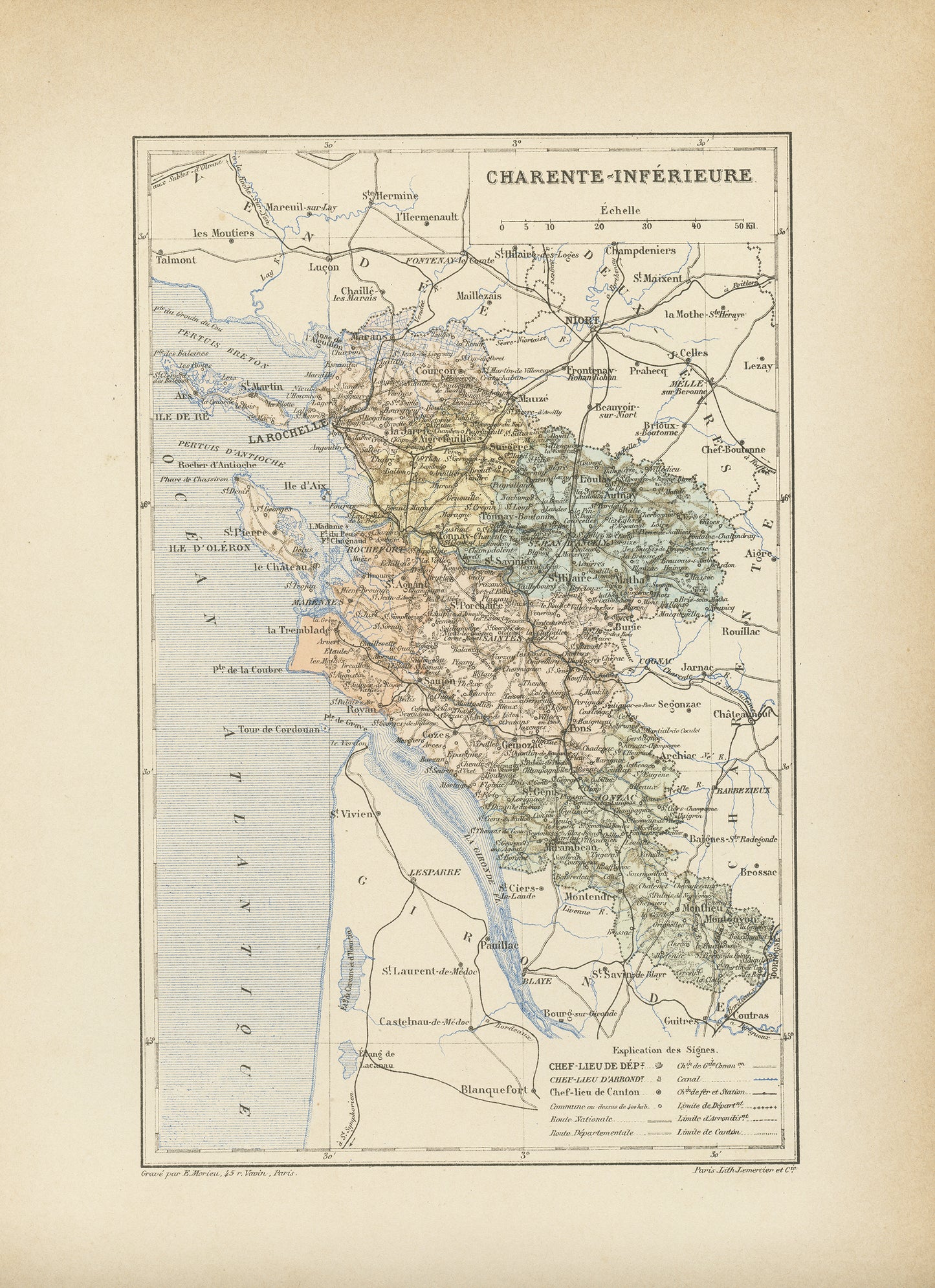 1892 Carte Ancienne de Charente Inférieure / Maritime