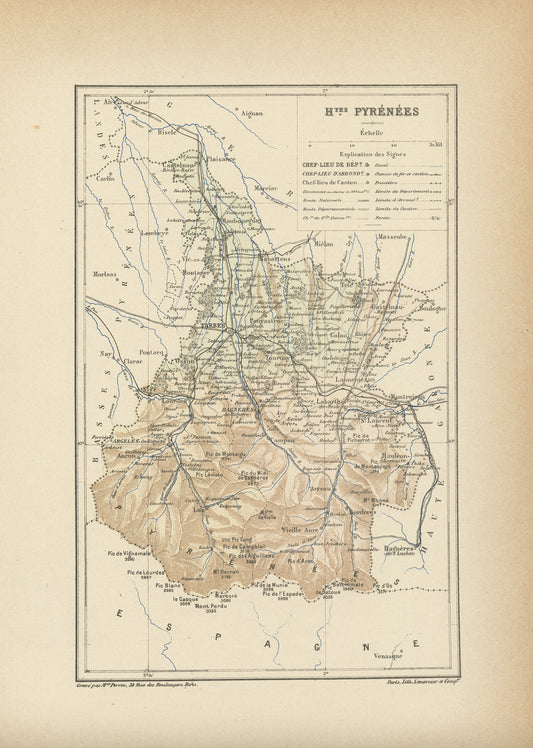 1892 Map of Hautes Pyrenees - France