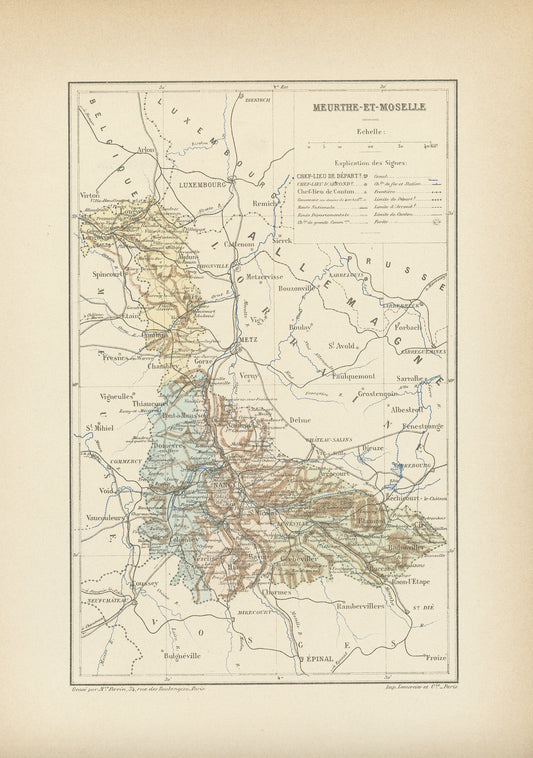 1892 Map of Meurthe et Moselle département - France