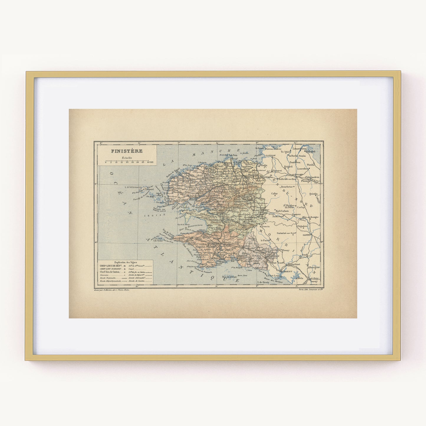 1892 Antique Map of Finistère - France