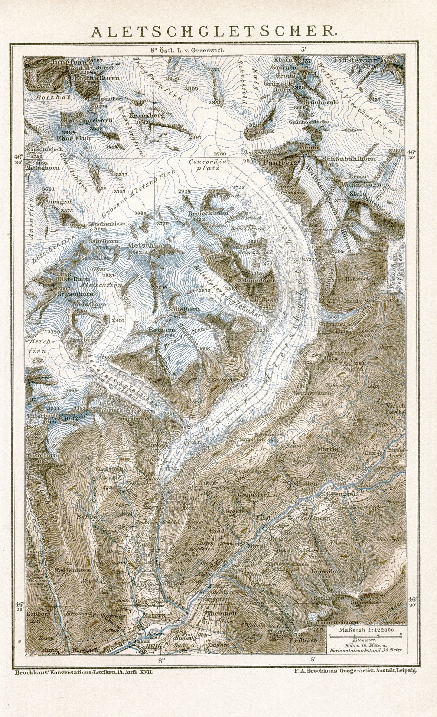 1894 Carte ancienne du glacier d'Aletsch