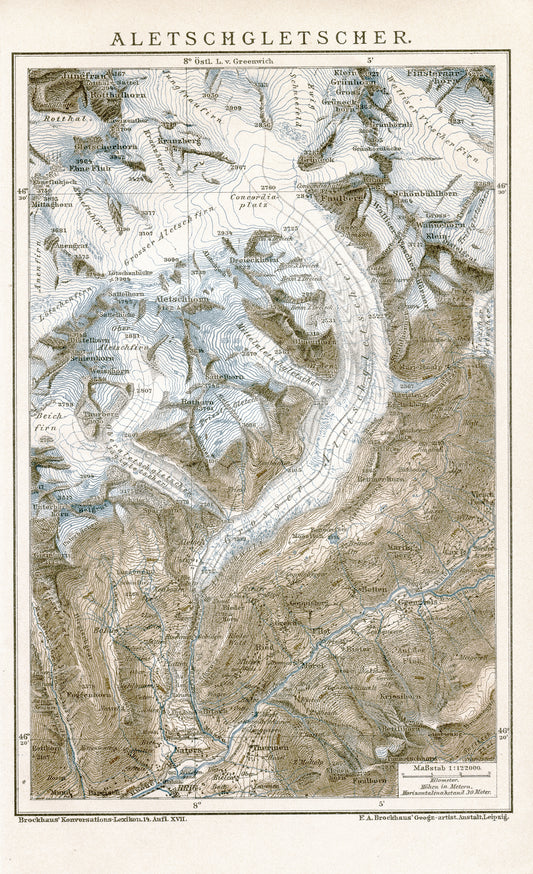 1894 Carte ancienne du glacier d'Aletsch