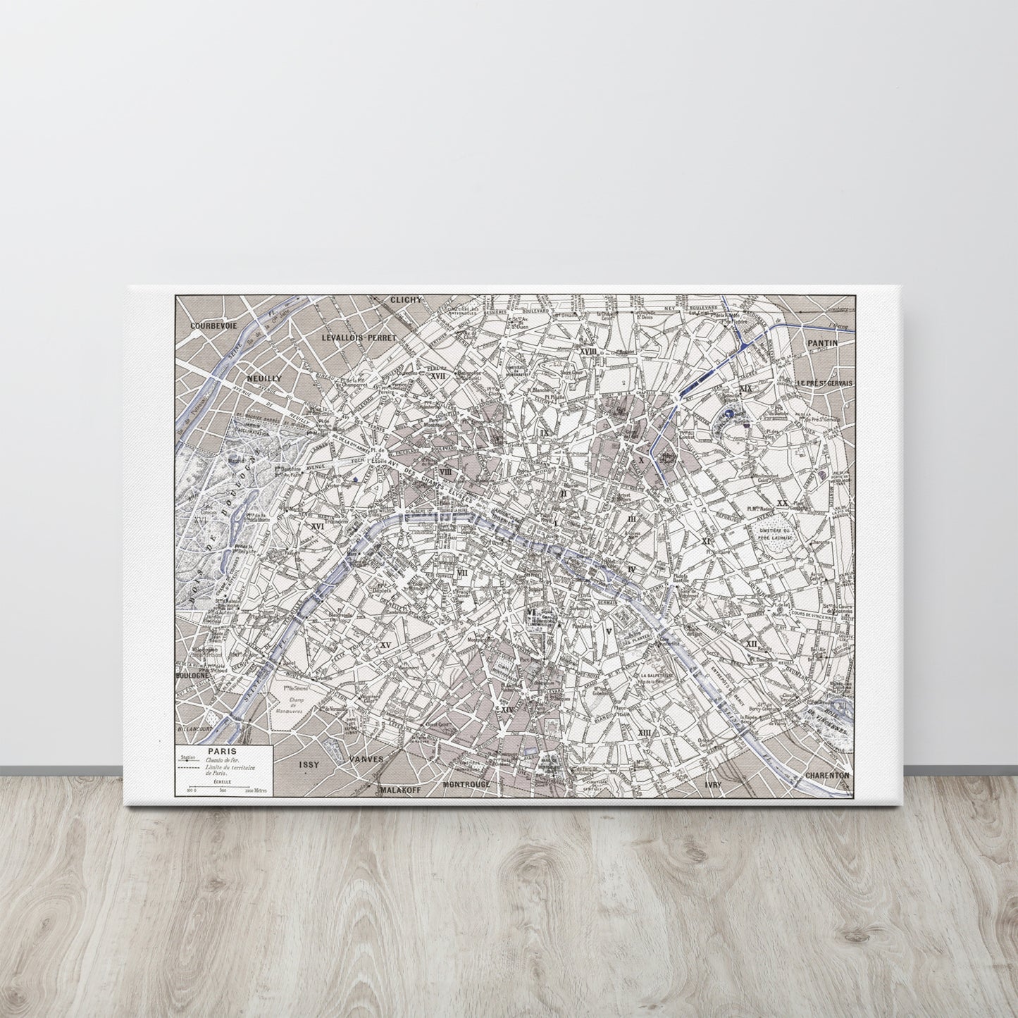 Sepia Paris map stretched canvas poster
