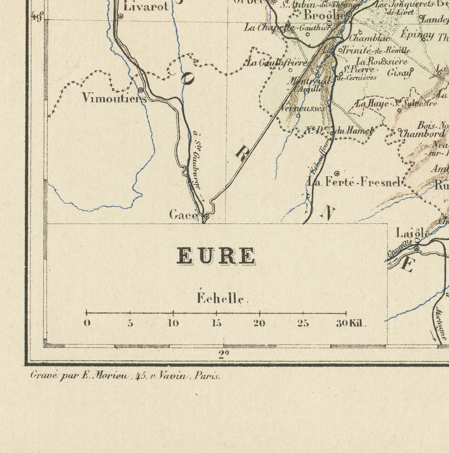 1892 Antique Eure Map - France