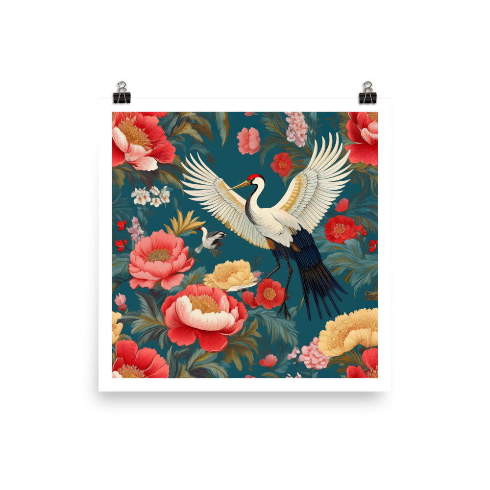 Blue & red peonies and crane birds chinoiserie poster