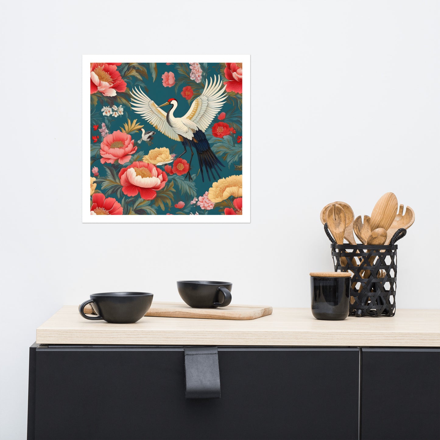 Blue & red peonies and crane birds chinoiserie poster