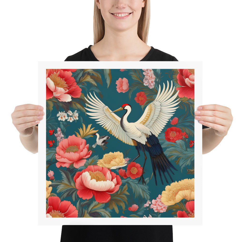 Blue & red peonies and crane birds chinoiserie poster