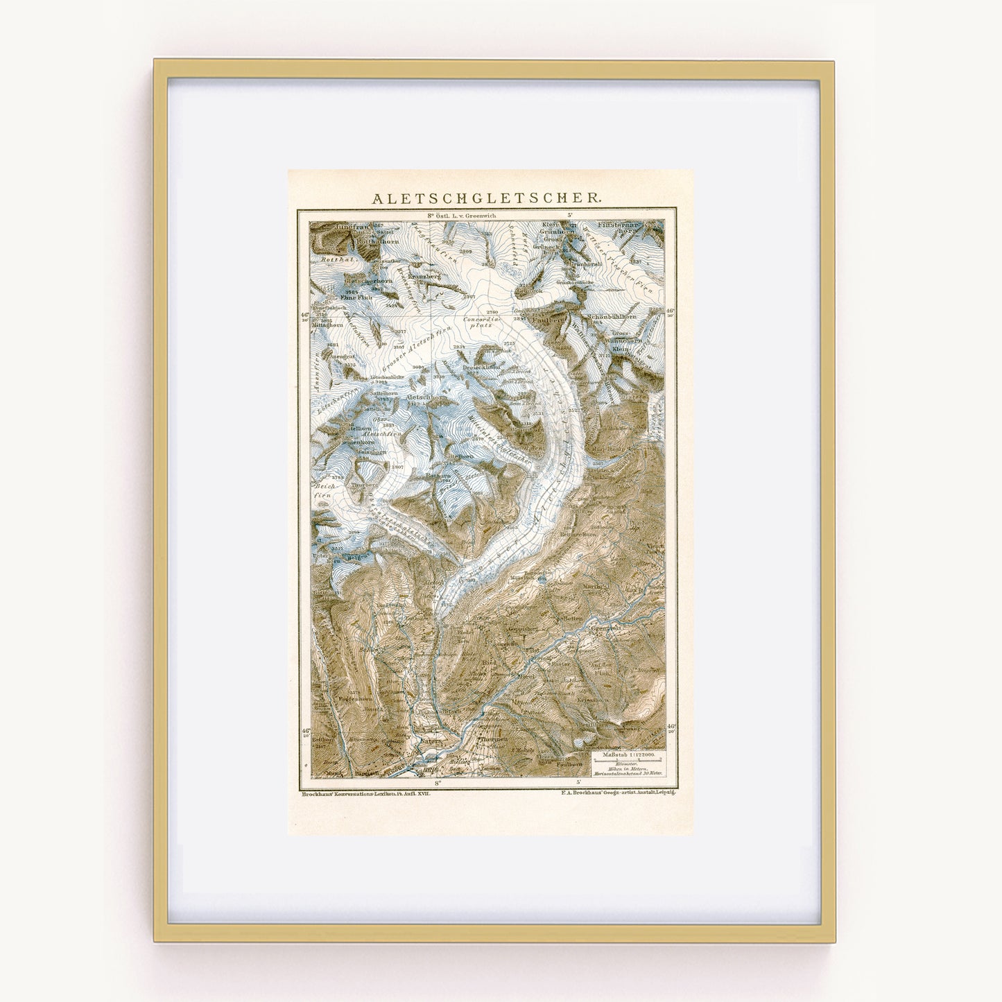 1894 Carte ancienne du glacier d'Aletsch
