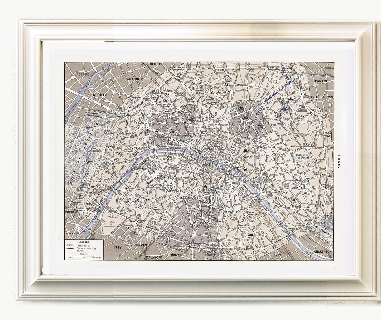 Sepia Paris map stretched canvas poster
