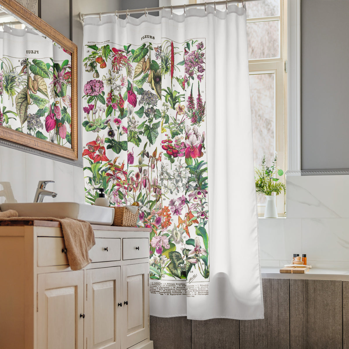 Retro Tropical hot-house Adolphe Millot flowers botanical Shower curtain