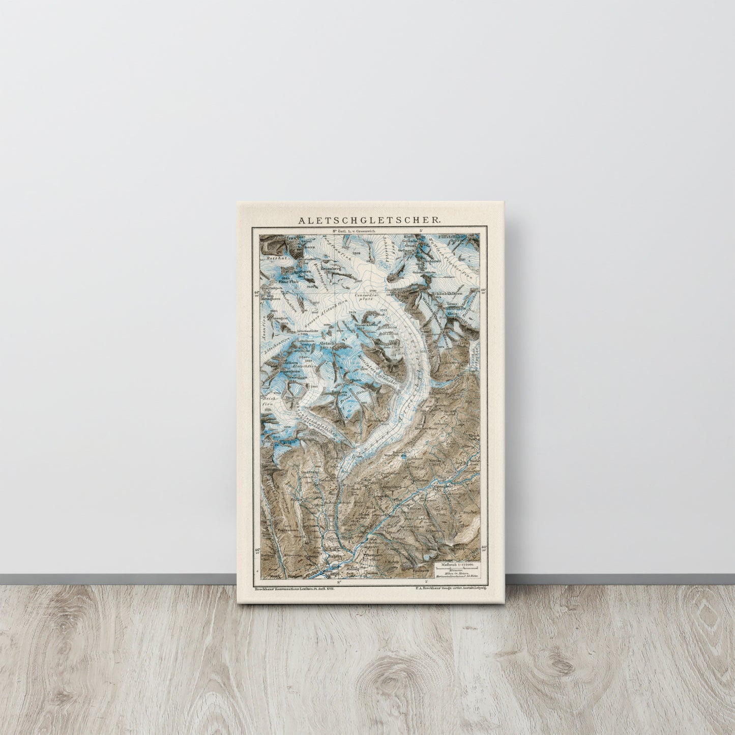 Large thin stretched canvas 1894 map of the Aletsch Glacier