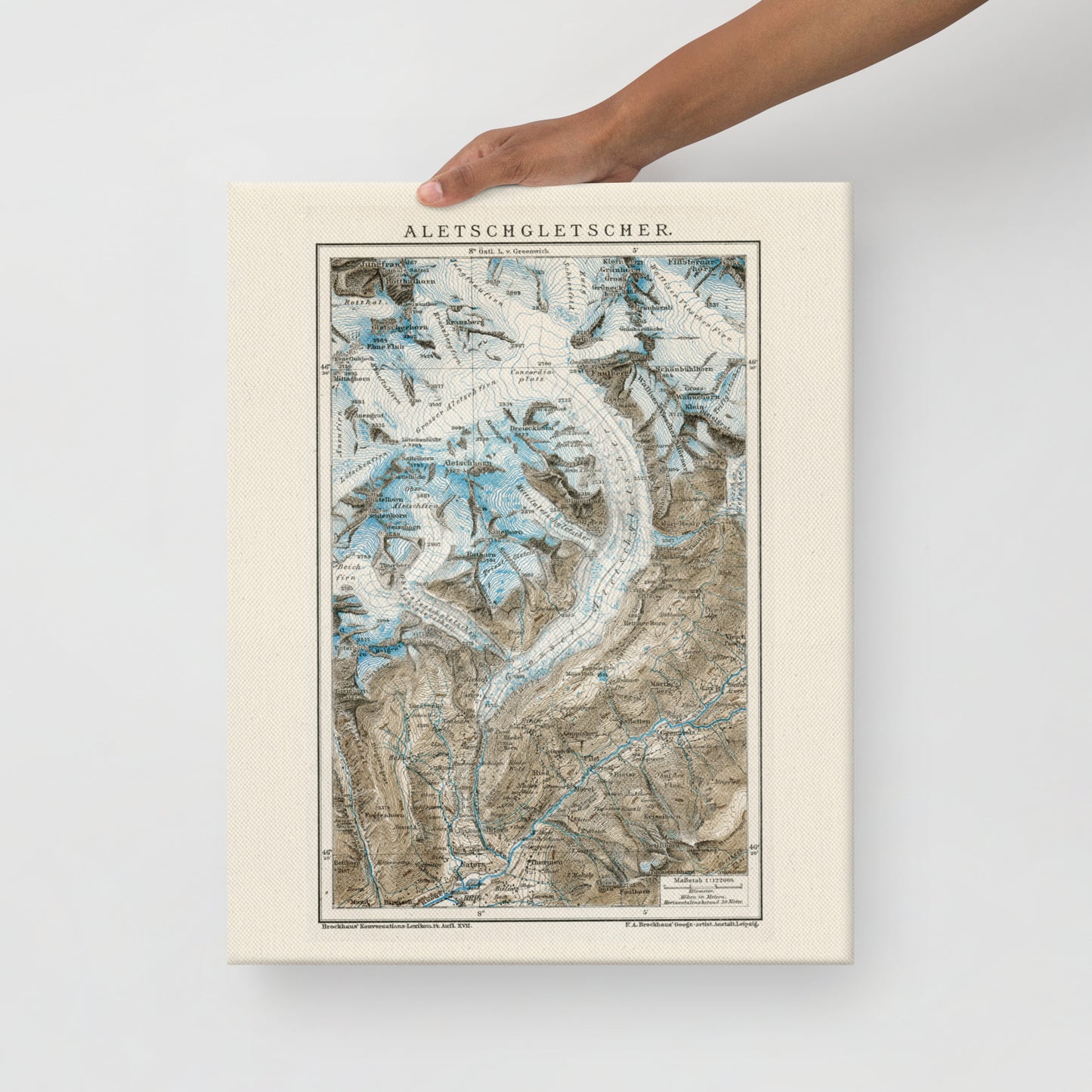 Large thin stretched canvas 1894 map of the Aletsch Glacier