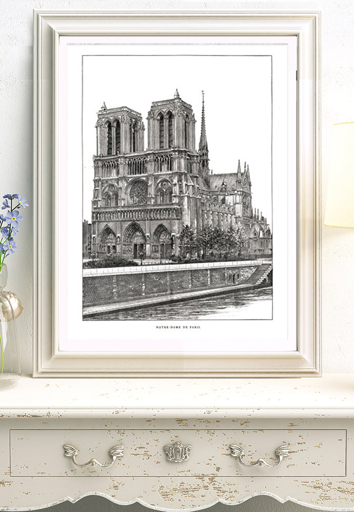 Framed poster of notre dame de paris church reprint from 19th century engraving