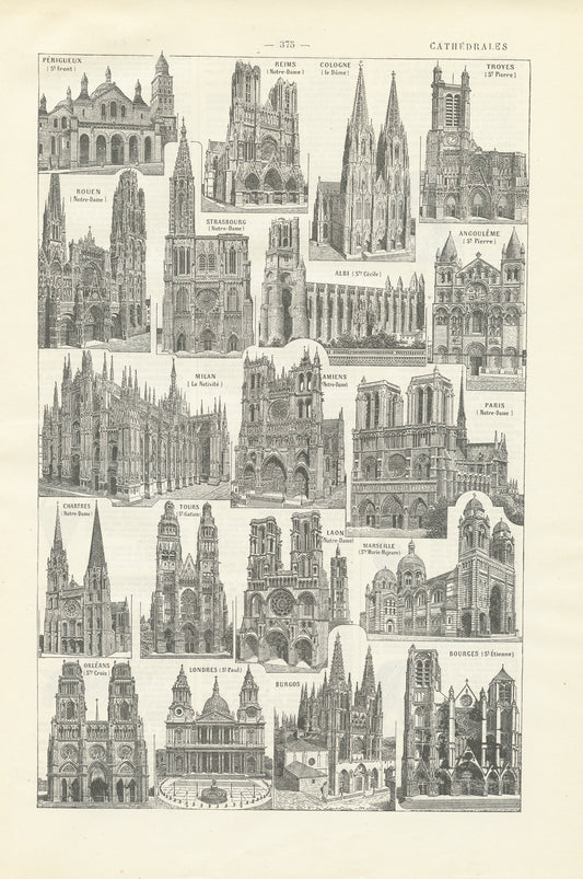 1922 Illustration ancienne de cathédrales