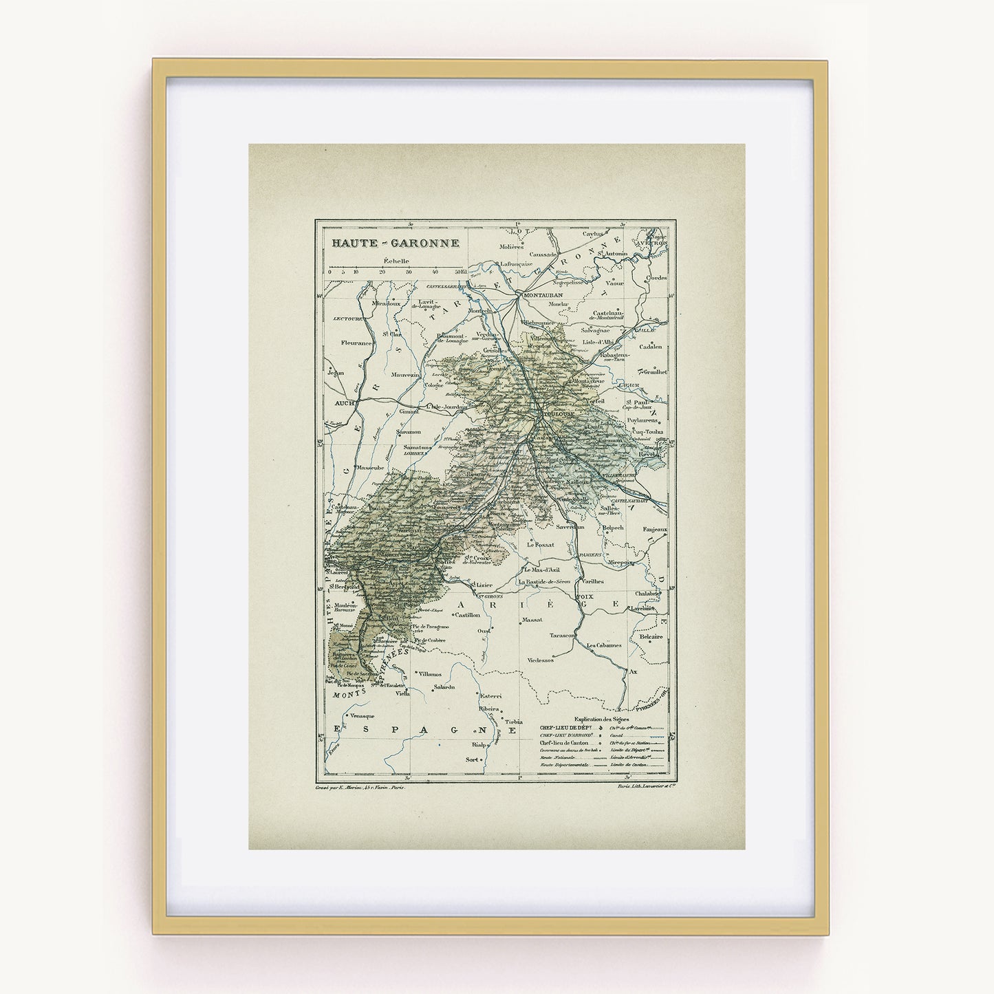 1892 Antique map of Haute Garonne - Toulouse