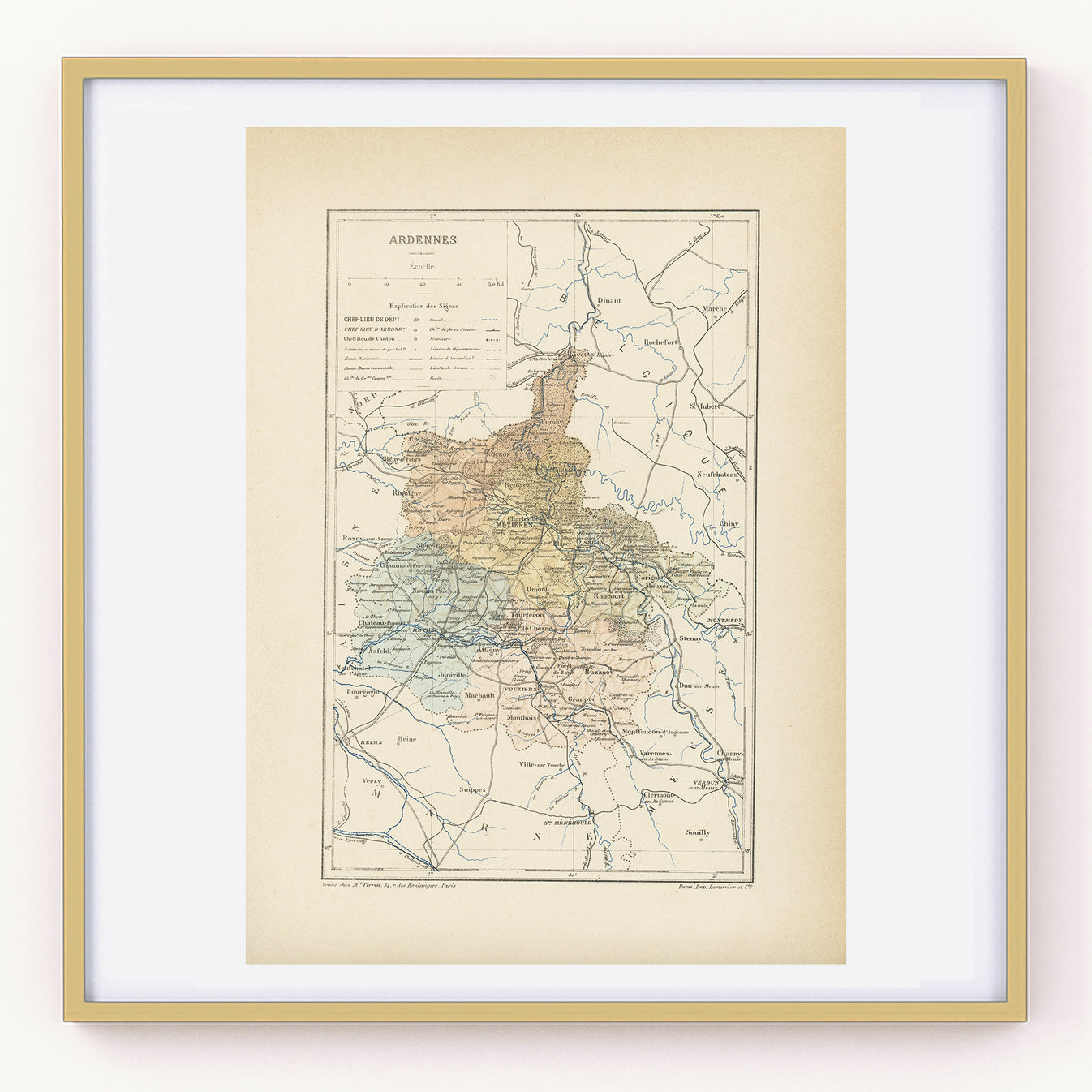 1892 Antique Ardennes Map - France