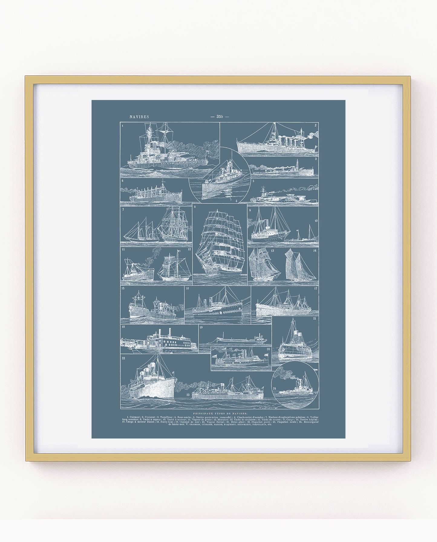 Large vintage boats & ships nautical wall art poster on blue background
