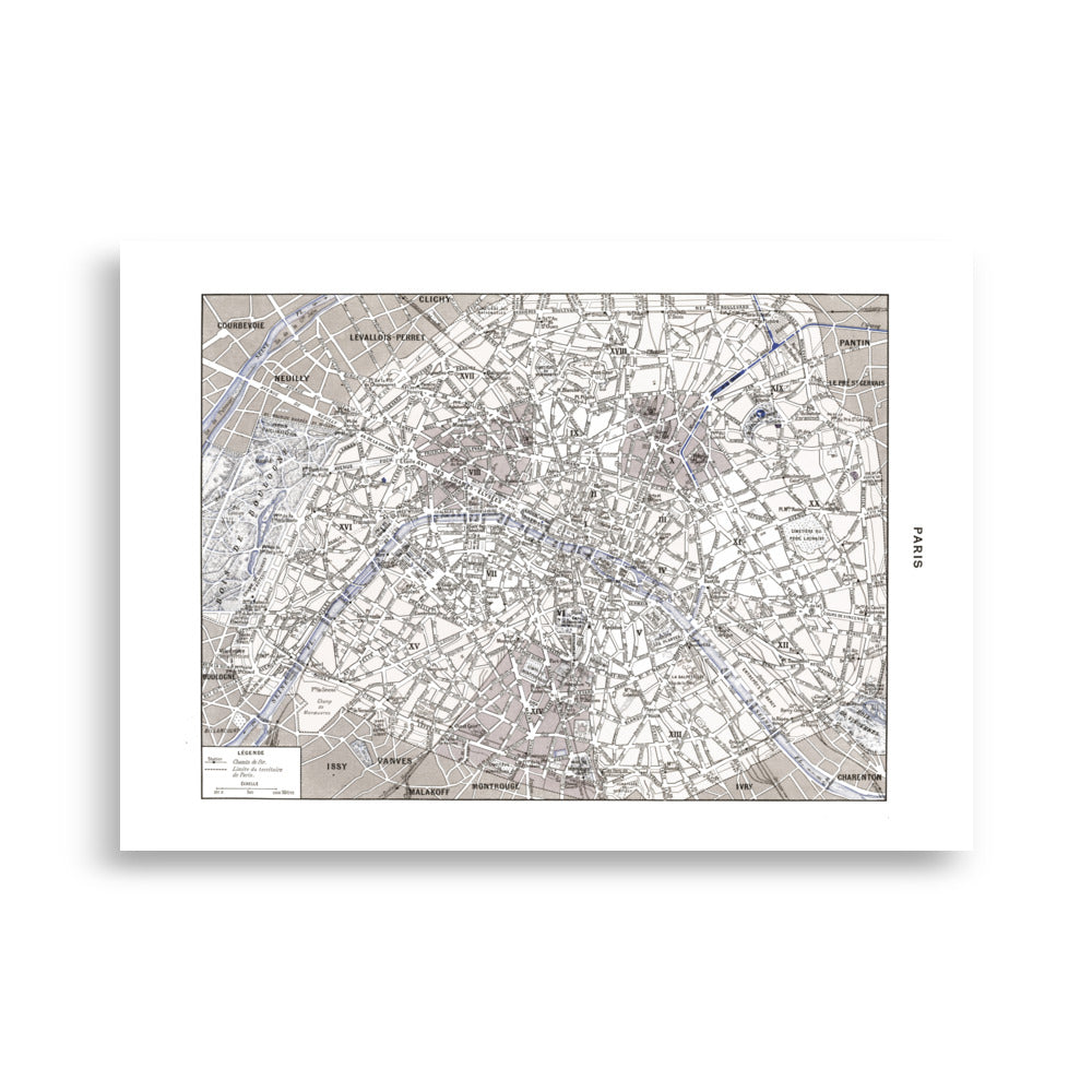 Large sepia & blue Paris map poster