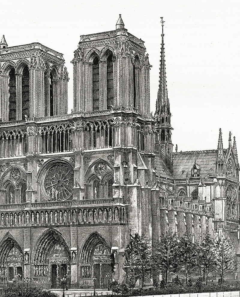 black and white poster of notre dame de paris by auguste vitu portak spire bell towers