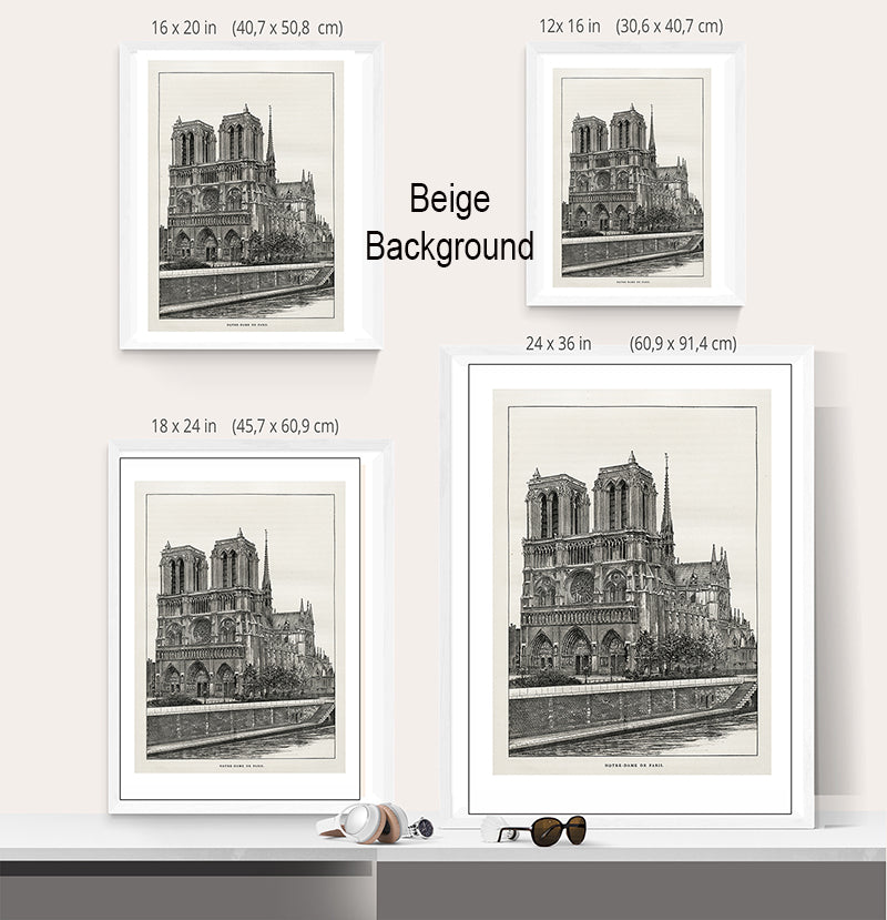 Comparative size chart of poster of notre dame de paris in inches