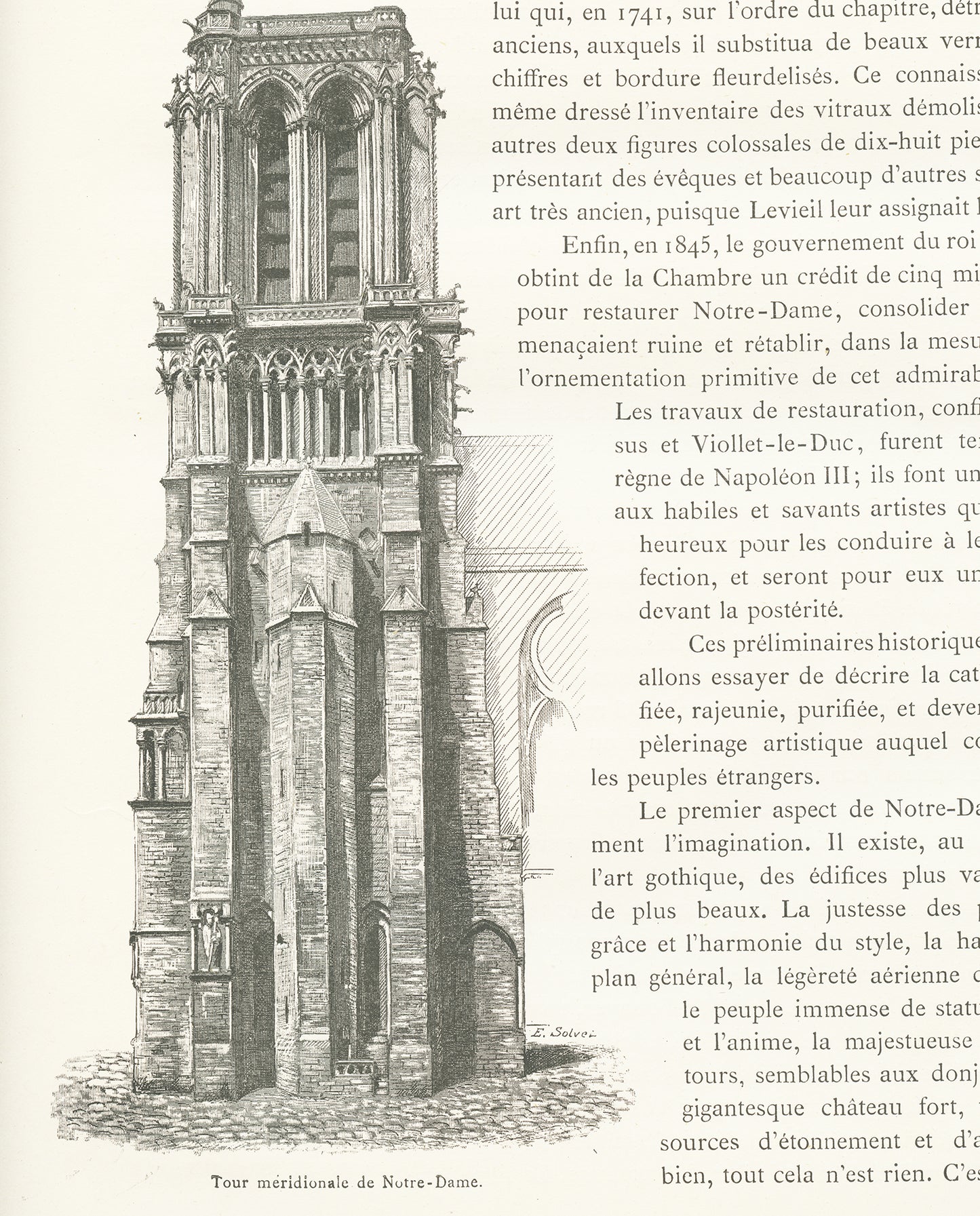 1889 South Tower of Notre Dame de Paris lithograph