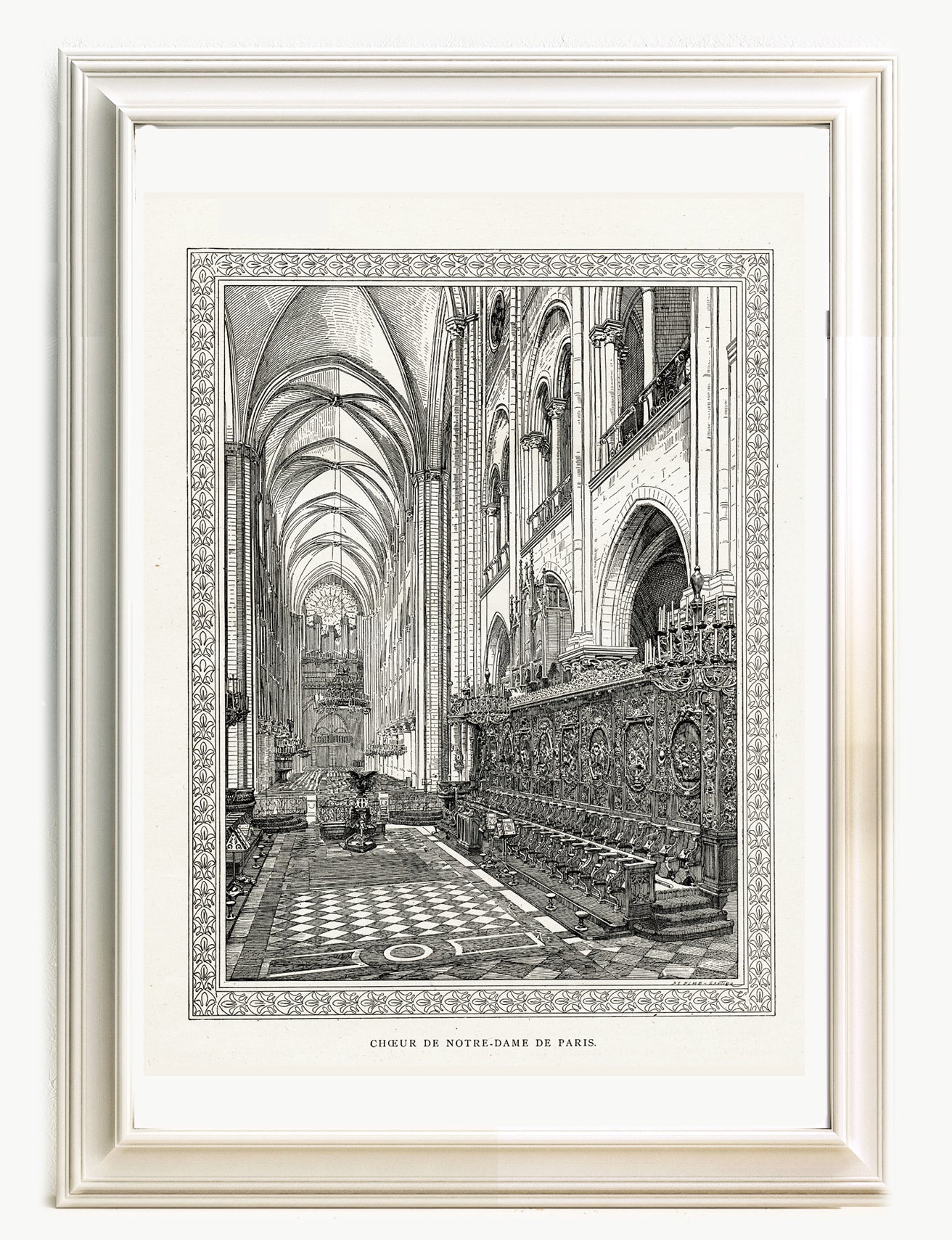large black and white poster of the choir of notre dame de paris church with paving and pews