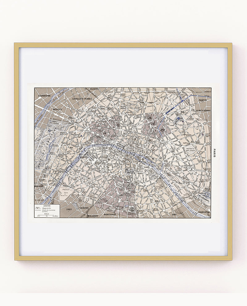 Large sepia & blue Paris map poster