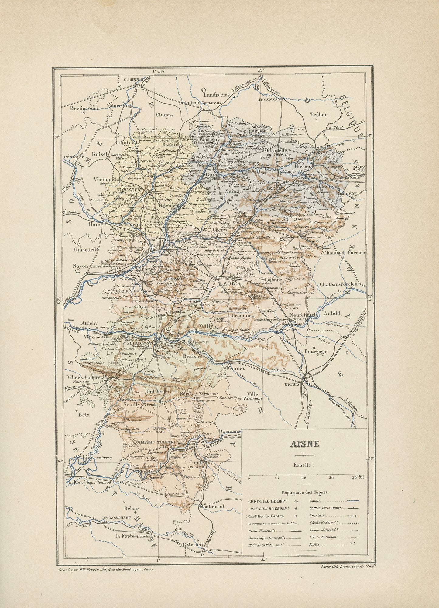 1892 Antique Aisne Map - French department