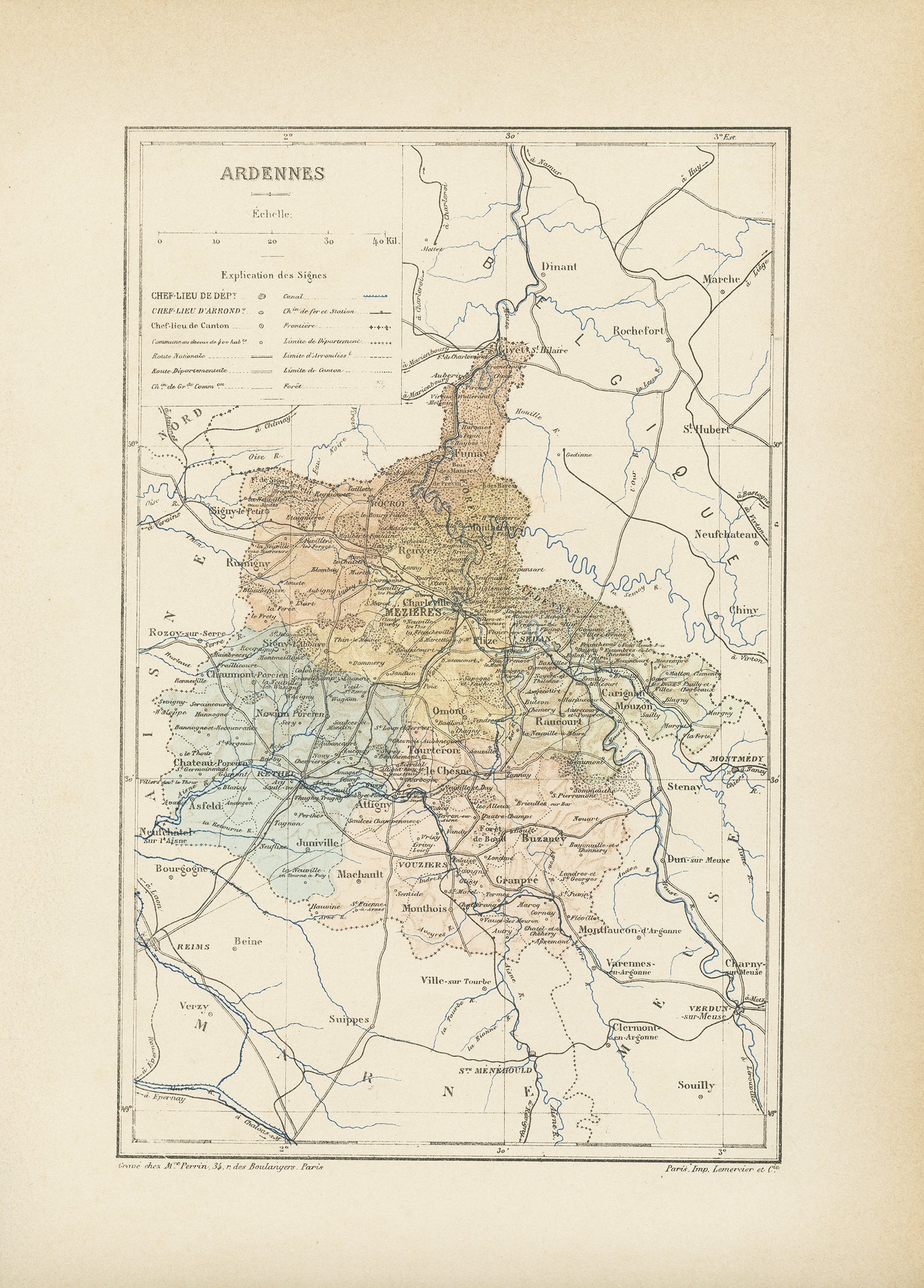 1892 Antique Ardennes Map - France