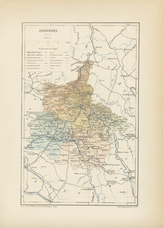 1892 Antique Ardennes Map - France