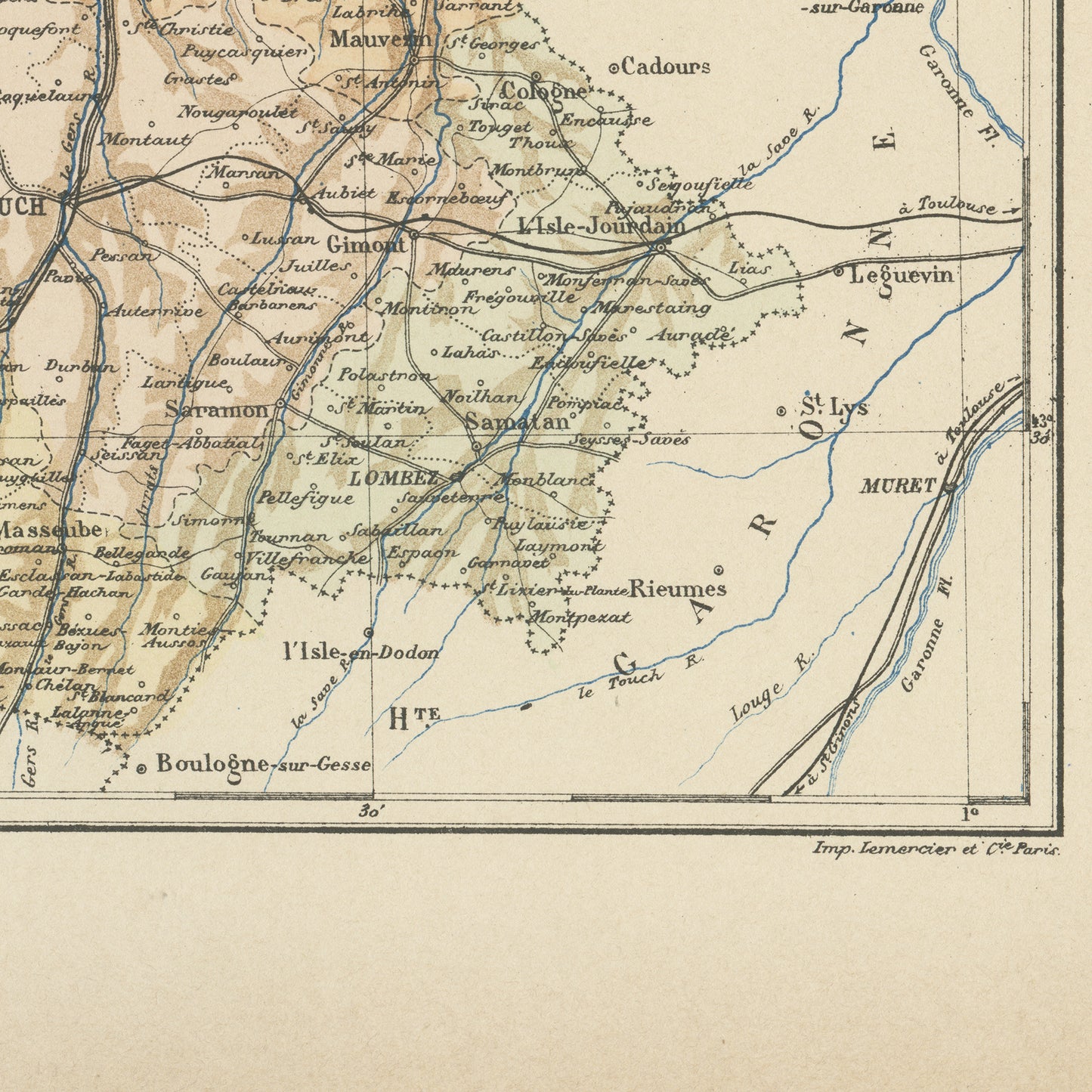 1892 Antique Gers Map - France Departement