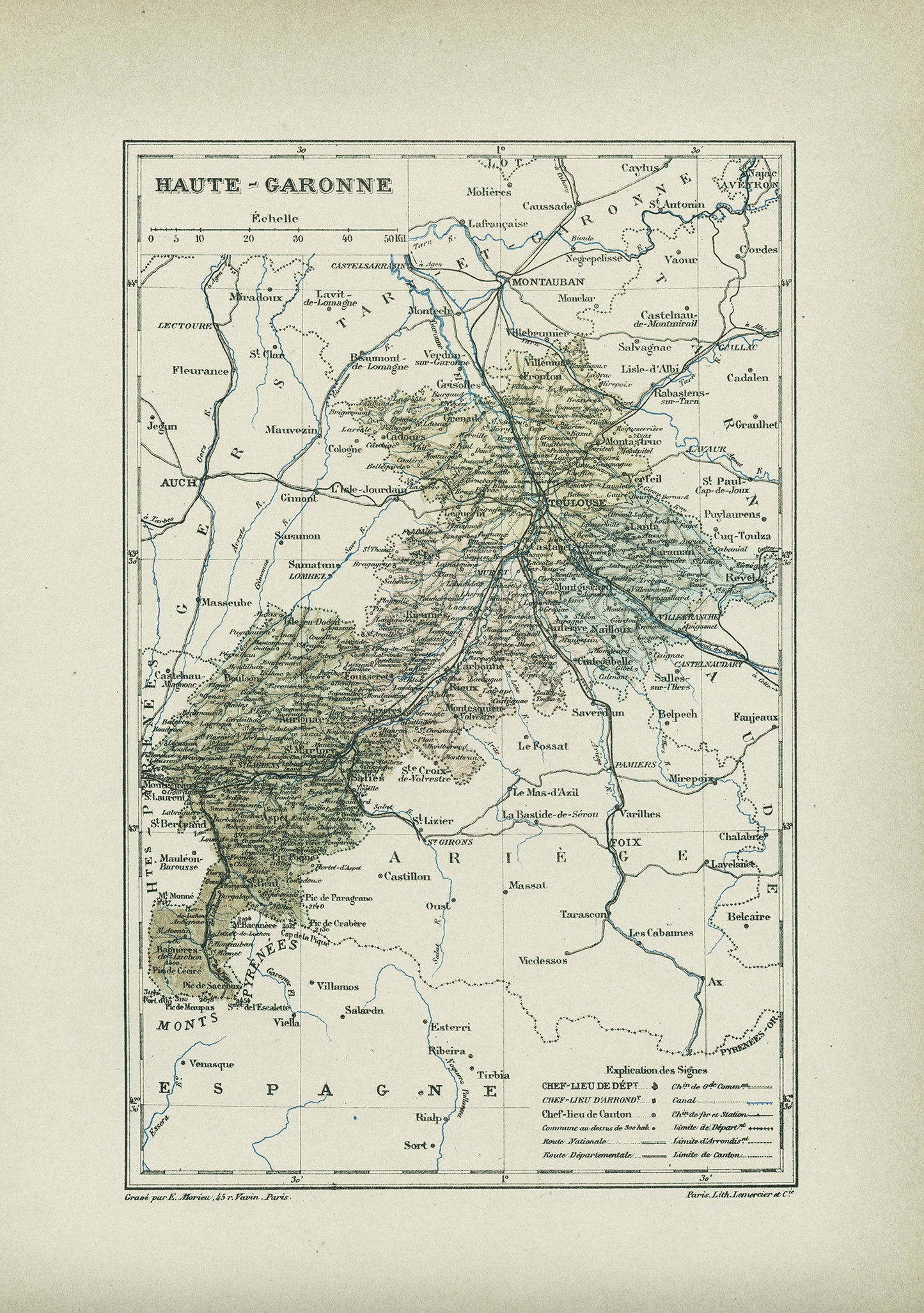 1892 Antique map of Haute Garonne - Toulouse