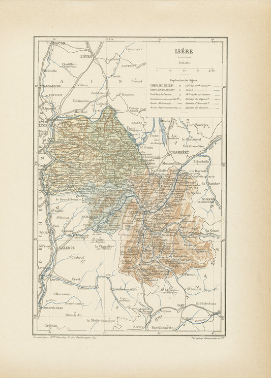1892 Antique Isère Map - France