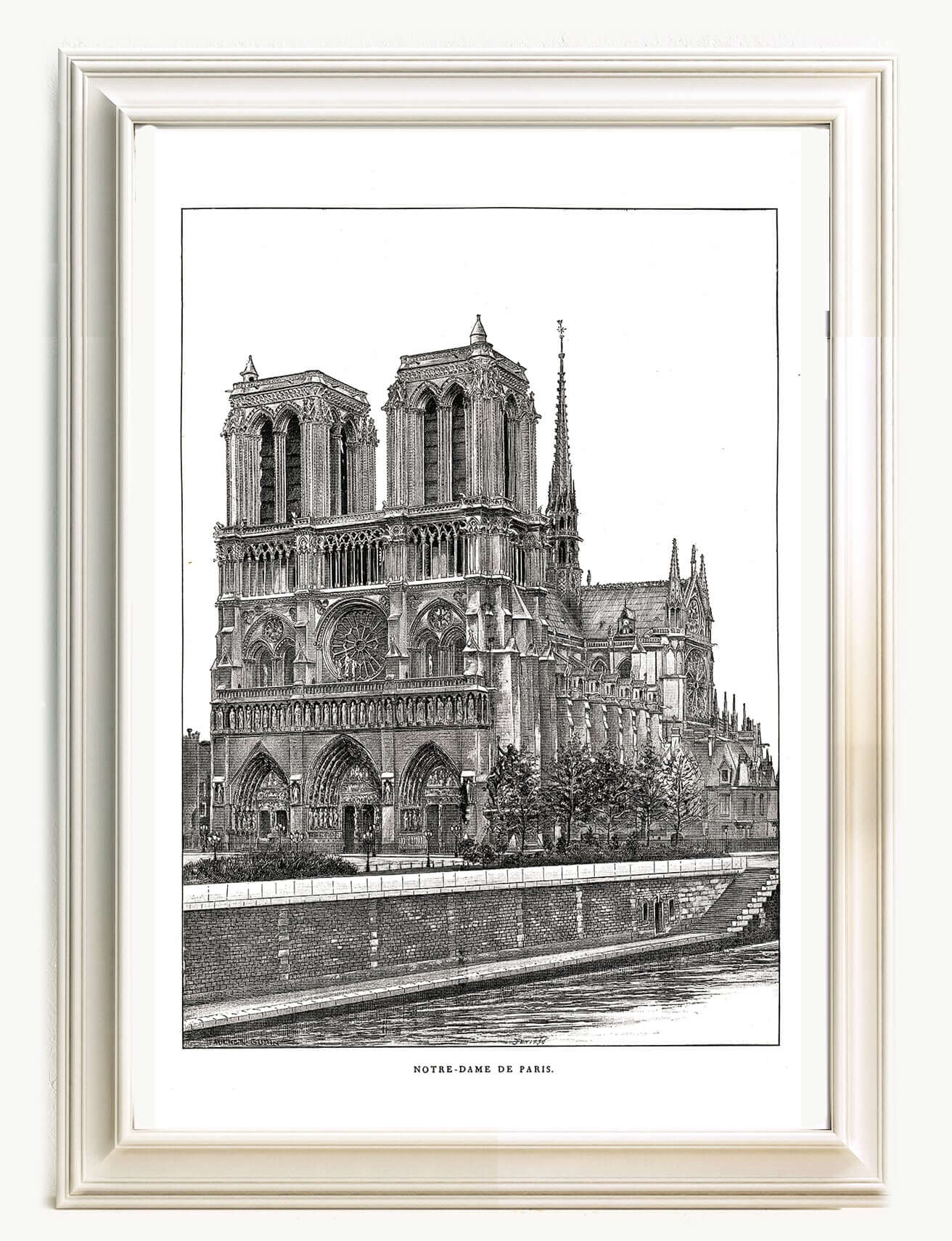 large black and white poster of cathedral notre dame de paris and the seine river 