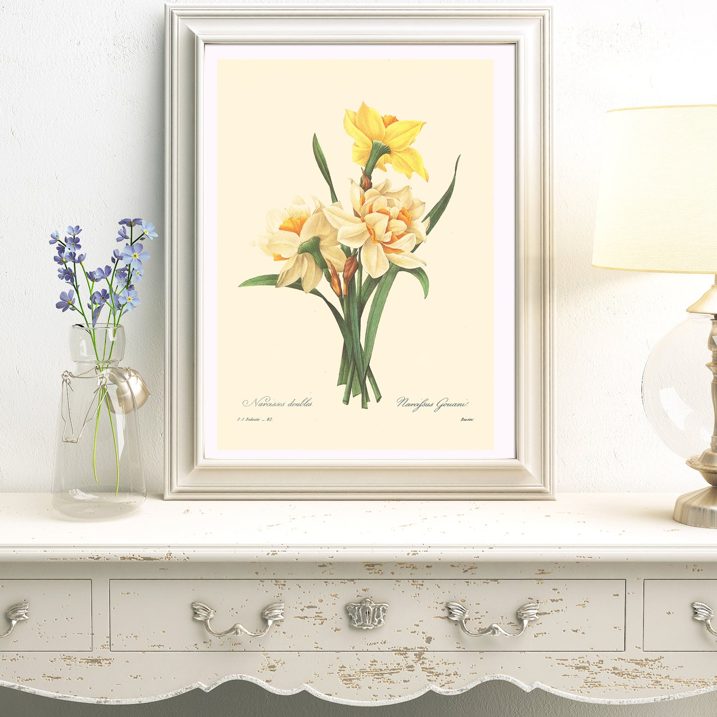 1986 Vintage Double Daffodils Botanical Print by Redouté