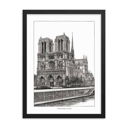 framed Notre Dame de Paris cathedral poster drawing in black wood frame