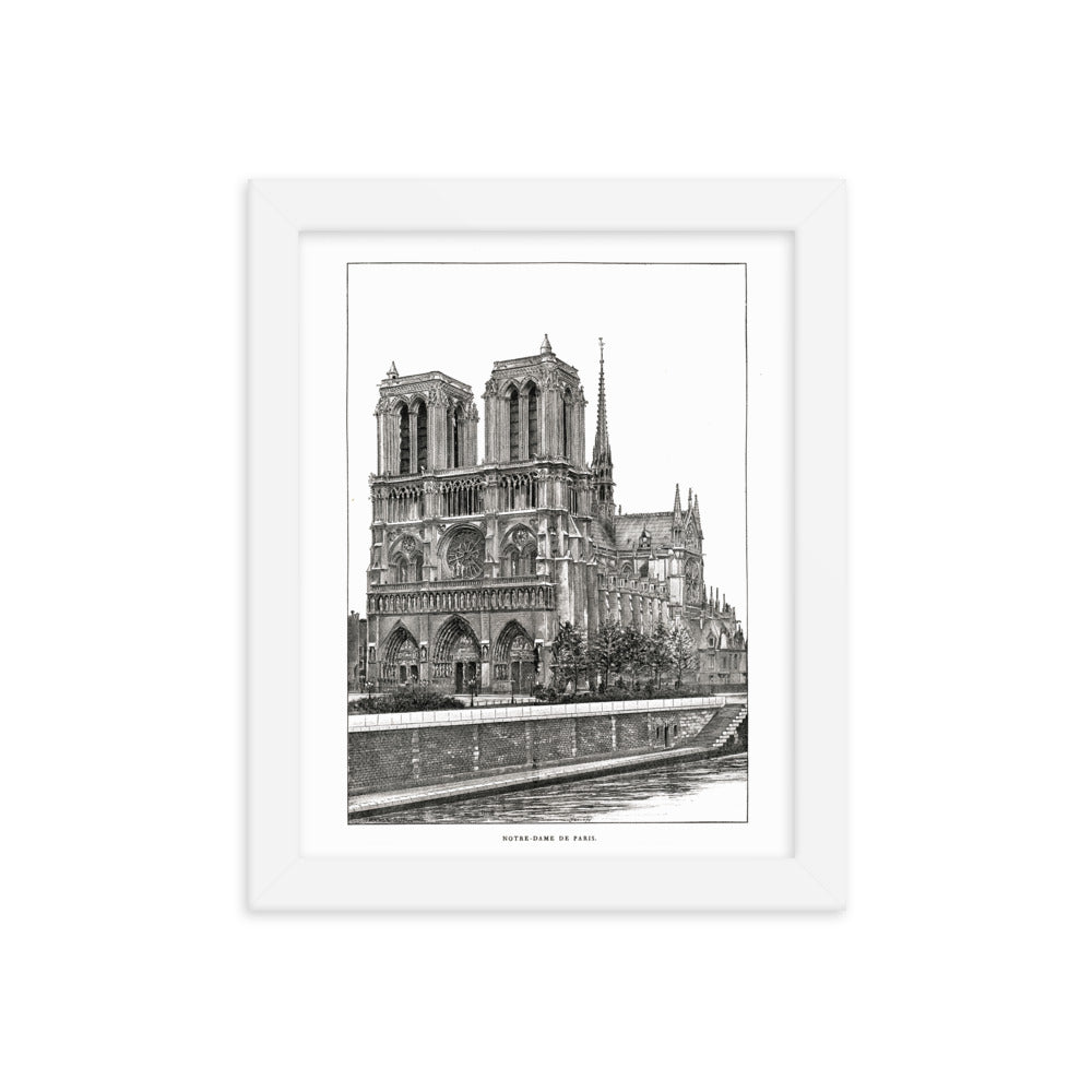 framed Notre Dame de Paris cathedral poster drawing in white wood frame