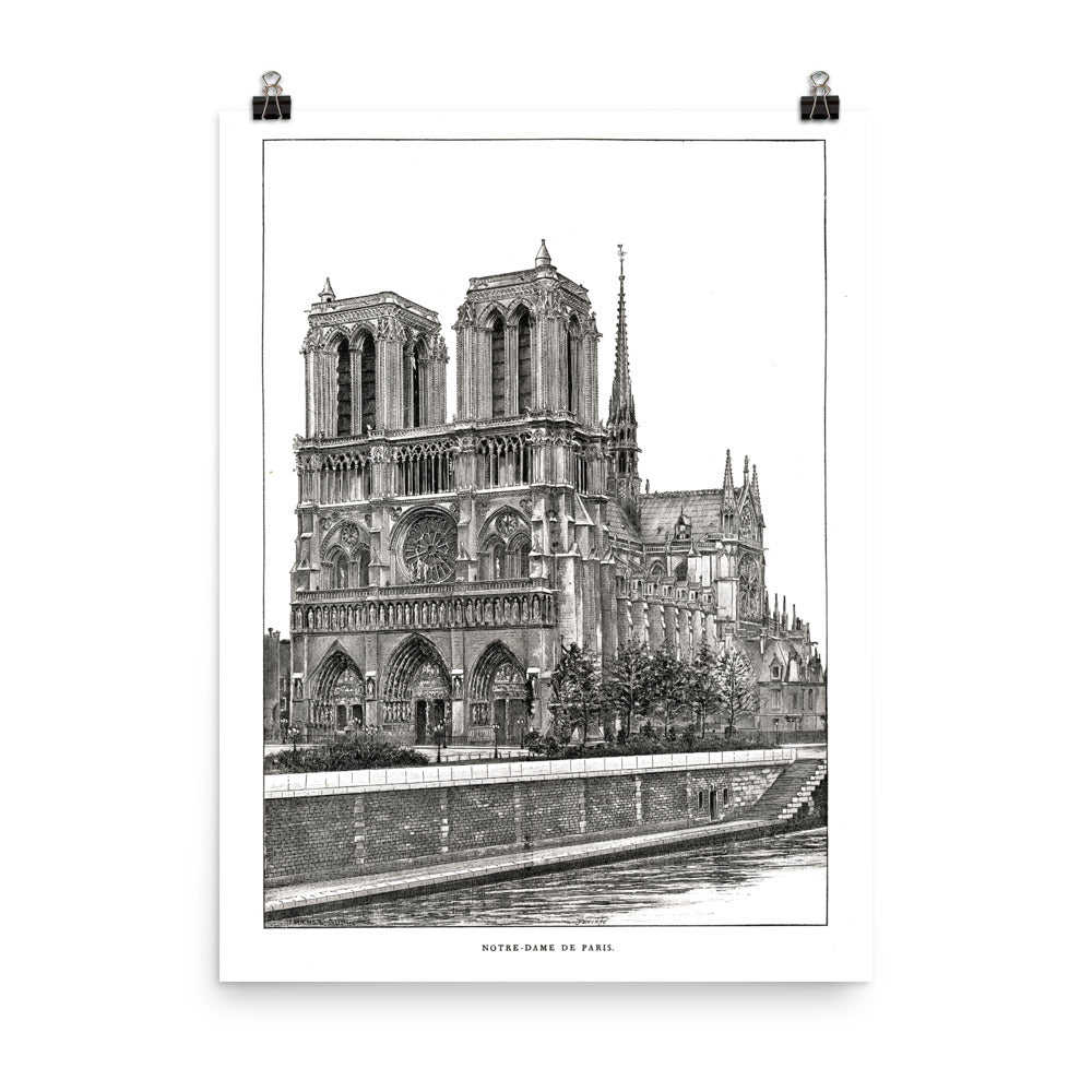 18x24 inches poster of notre de dame de paris cathedral black and white drawing