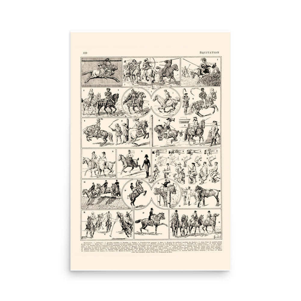 Black and white horse riding poster for vintage equestrian decor