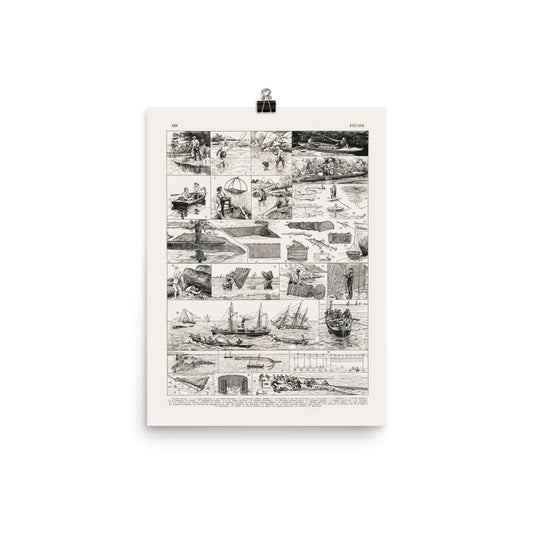 Large fishing wall art poster in black and white