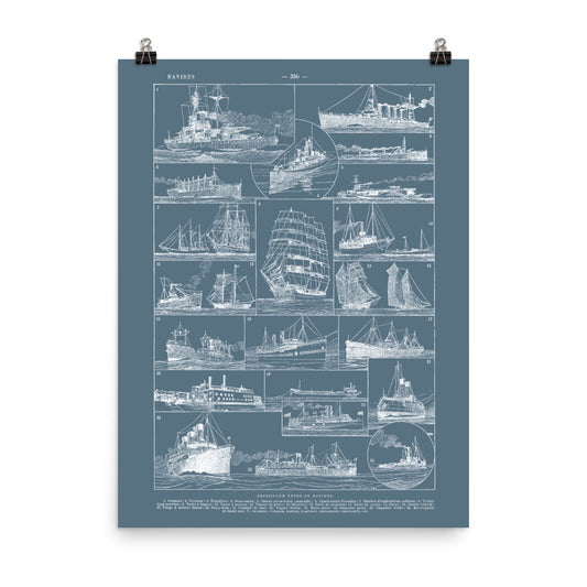 Large vintage boats & ships nautical wall art poster on blue background