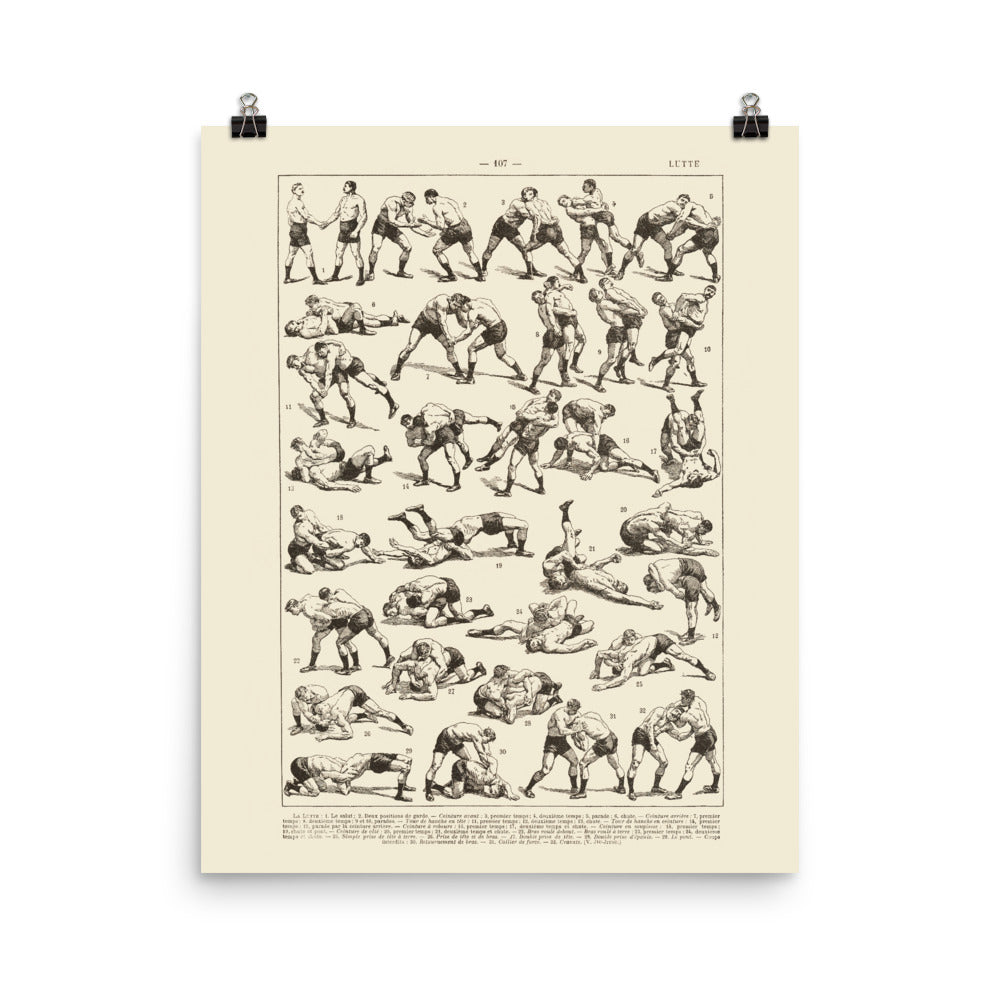 Large wrestling poster with linen-tinted background created from antique French dictionary plate