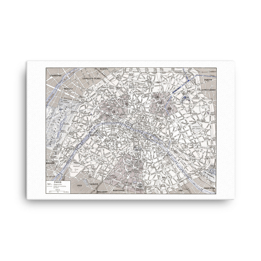 Sepia Paris map stretched canvas poster