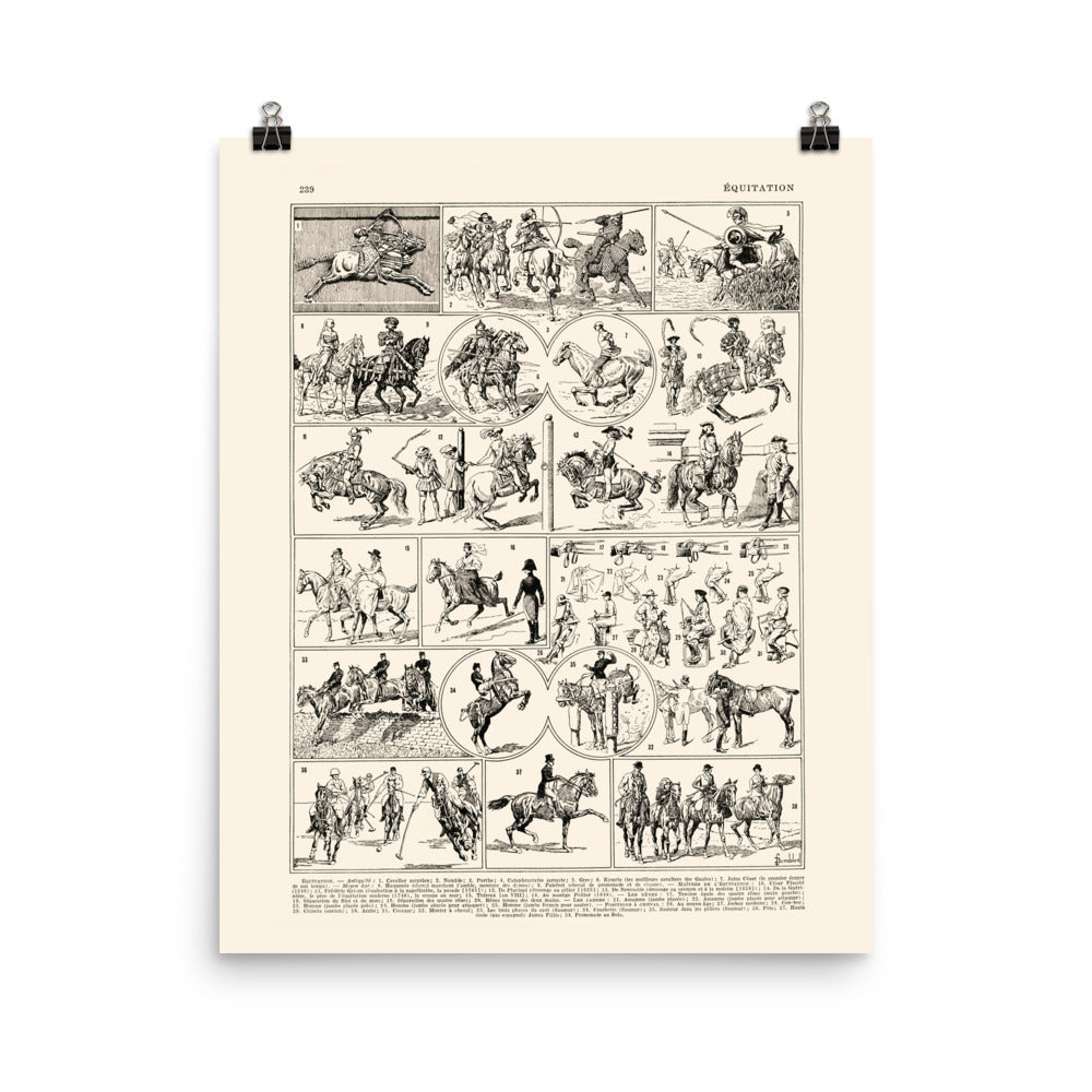 Black and white horse riding poster for vintage equestrian decor