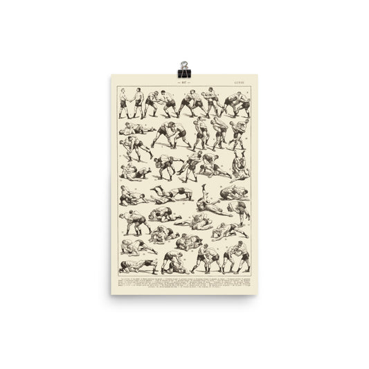 Large wrestling poster with linen-tinted background created from antique French dictionary plate