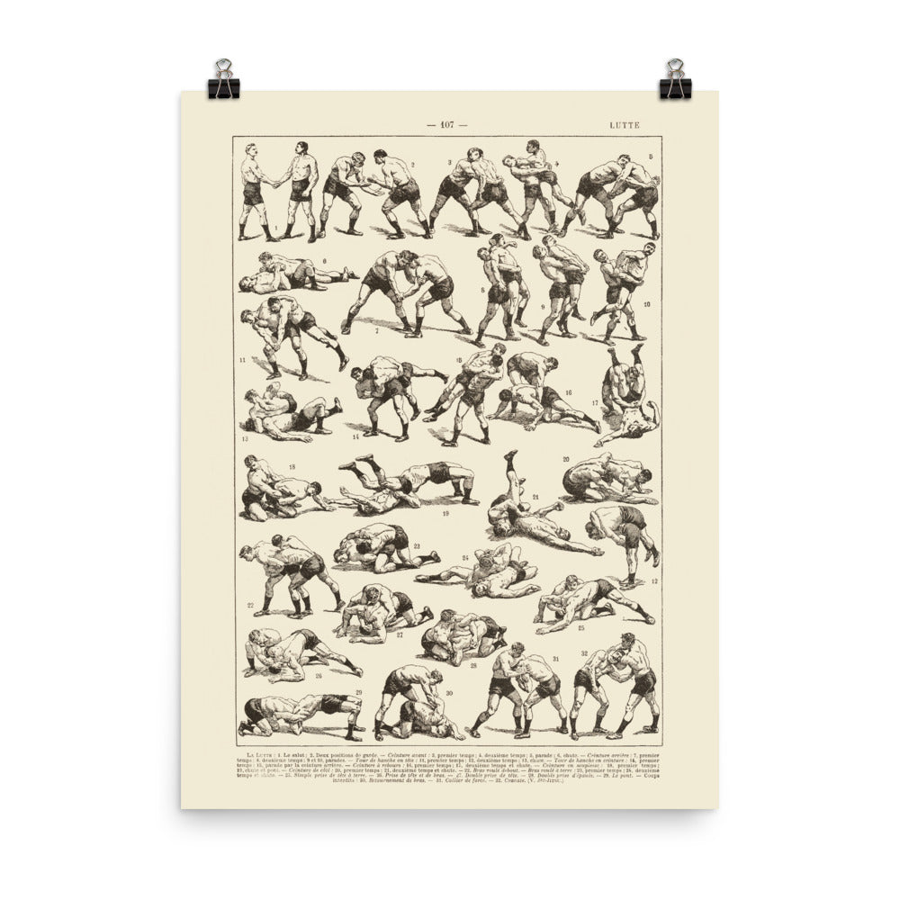 Large wrestling poster with linen-tinted background created from antique French dictionary plate