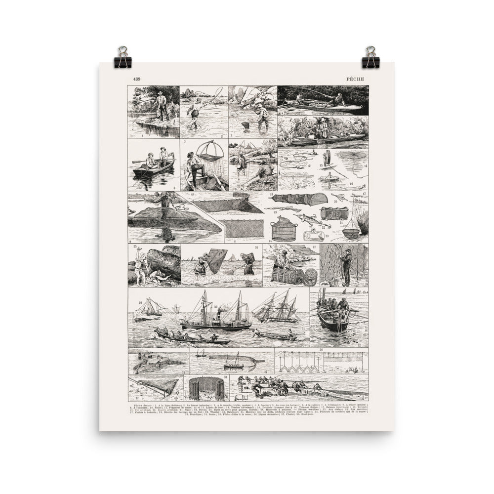 Large fishing wall art poster in black and white