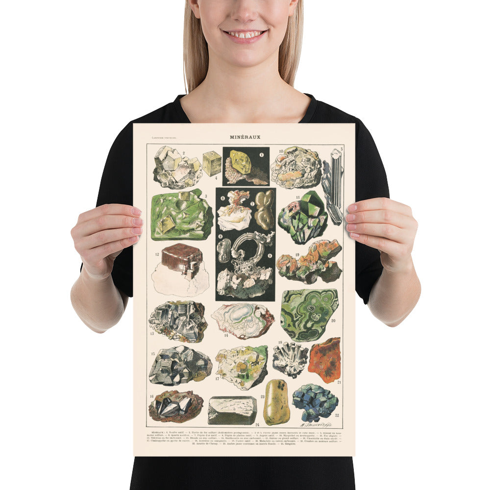 Large rocks and minerals poster on off-white background